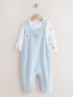 Rompertjes En Tuinbroeken|Next - Baby Velours bretelbroeken en Bodysuit Set (0mths-3yrs) Blauw met olifantenprint