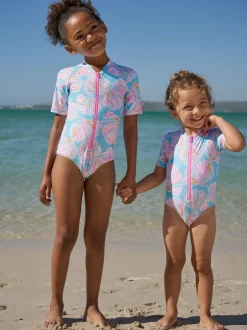 Badkleding*Next - Short Sleeved Sunsafe Swimsuit (3mths-16yrs) Blauw met schelp