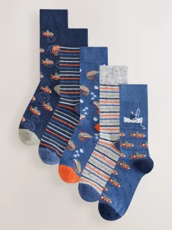 Sokken|Sokken*Next Blauw met vissen - Set van 5 sokken met patroon