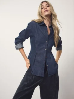 Tops En T-Shirts|Blouses En Overhemden*Next - Cinch Waist Fitted Long Sleeve Denim Shirt Blauw met wassing