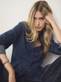 Tops En T-Shirts|Blouses En Overhemden*Next - Cinch Waist Fitted Long Sleeve Denim Shirt Blauw met wassing