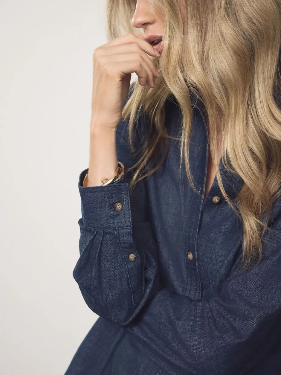Tops En T-Shirts|Blouses En Overhemden*Next - Cinch Waist Fitted Long Sleeve Denim Shirt Blauw met wassing