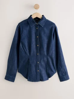 Tops En T-Shirts|Blouses En Overhemden*Next - Cinch Waist Fitted Long Sleeve Denim Shirt Blauw met wassing