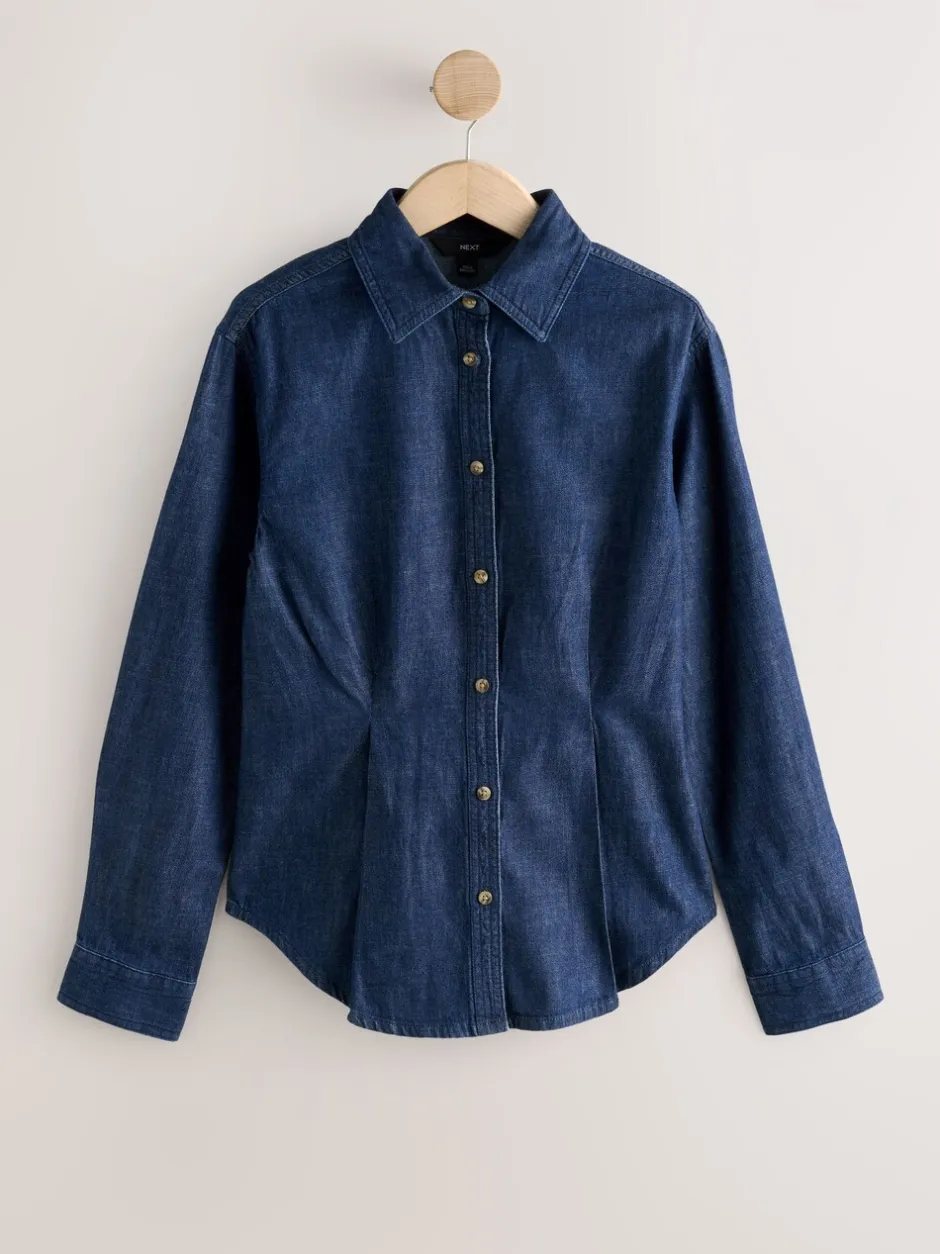 Tops En T-Shirts|Blouses En Overhemden*Next - Cinch Waist Fitted Long Sleeve Denim Shirt Blauw met wassing