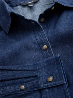 Tops En T-Shirts|Blouses En Overhemden*Next - Cinch Waist Fitted Long Sleeve Denim Shirt Blauw met wassing