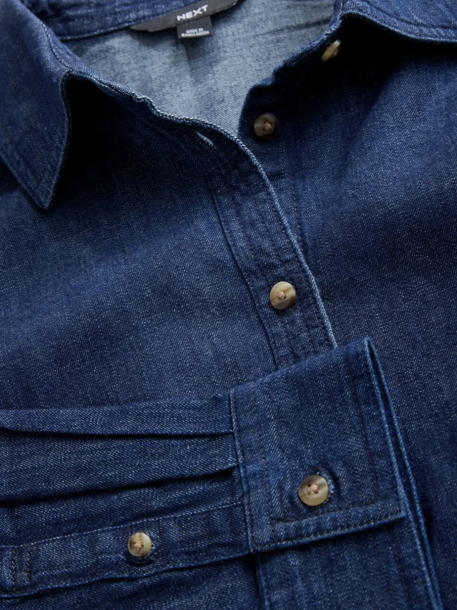 Tops En T-Shirts|Blouses En Overhemden*Next - Cinch Waist Fitted Long Sleeve Denim Shirt Blauw met wassing