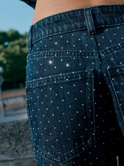 Jeans*Next Blauw met wassing - Versierde jeans met wijde pijpen