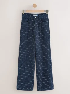 Jeans*Next Blauw met wassing - Versierde jeans met wijde pijpen