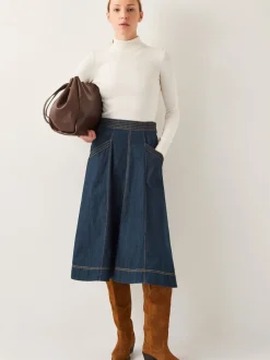 Rokken|Monsoon - Harper Seamed Denim 100% Cotton Midi Skirt Blauw wit