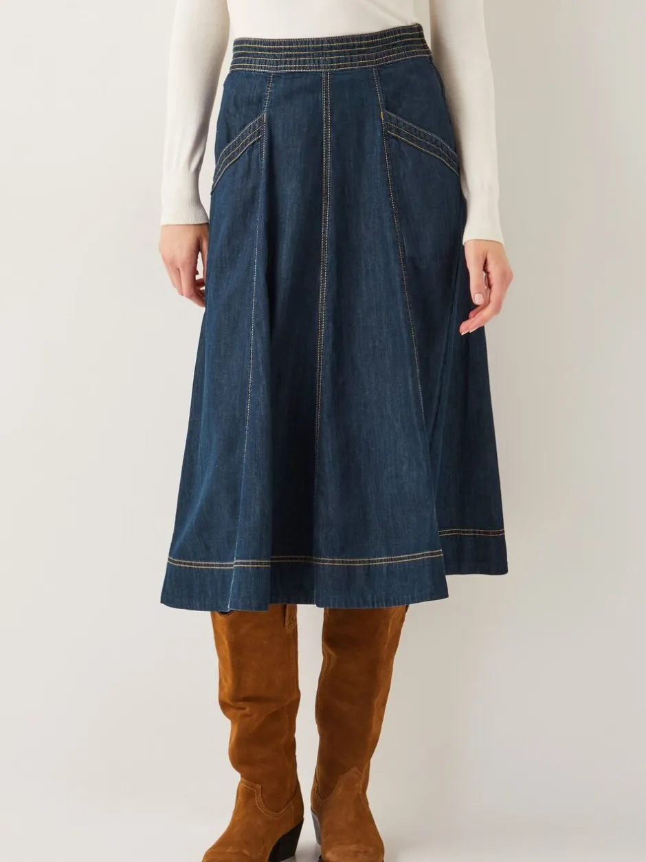 Rokken|Monsoon - Harper Seamed Denim 100% Cotton Midi Skirt Blauw wit