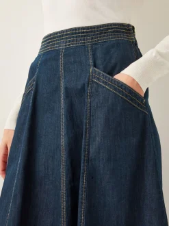 Rokken|Monsoon - Harper Seamed Denim 100% Cotton Midi Skirt Blauw wit
