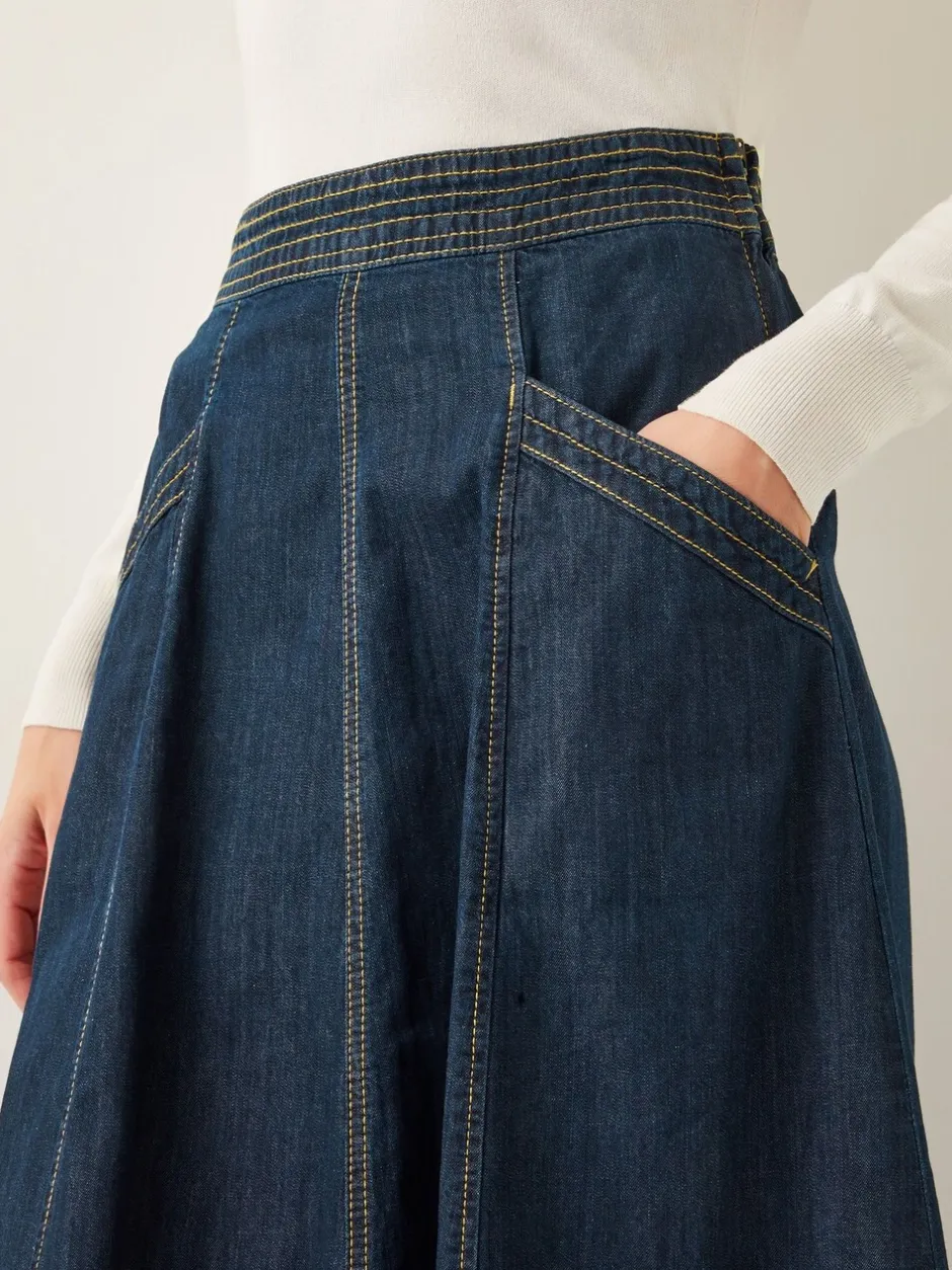 Rokken|Monsoon - Harper Seamed Denim 100% Cotton Midi Skirt Blauw wit