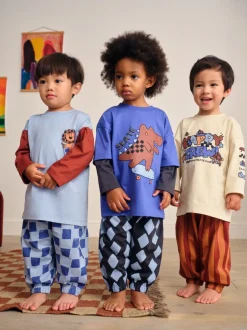 Pyjama's|Nachtkleding En Pyjama's*Next - Verpakking van 3 oversized pyjama's 3 (9mnd -10jr) Blauw/bruin met dinosaurus
