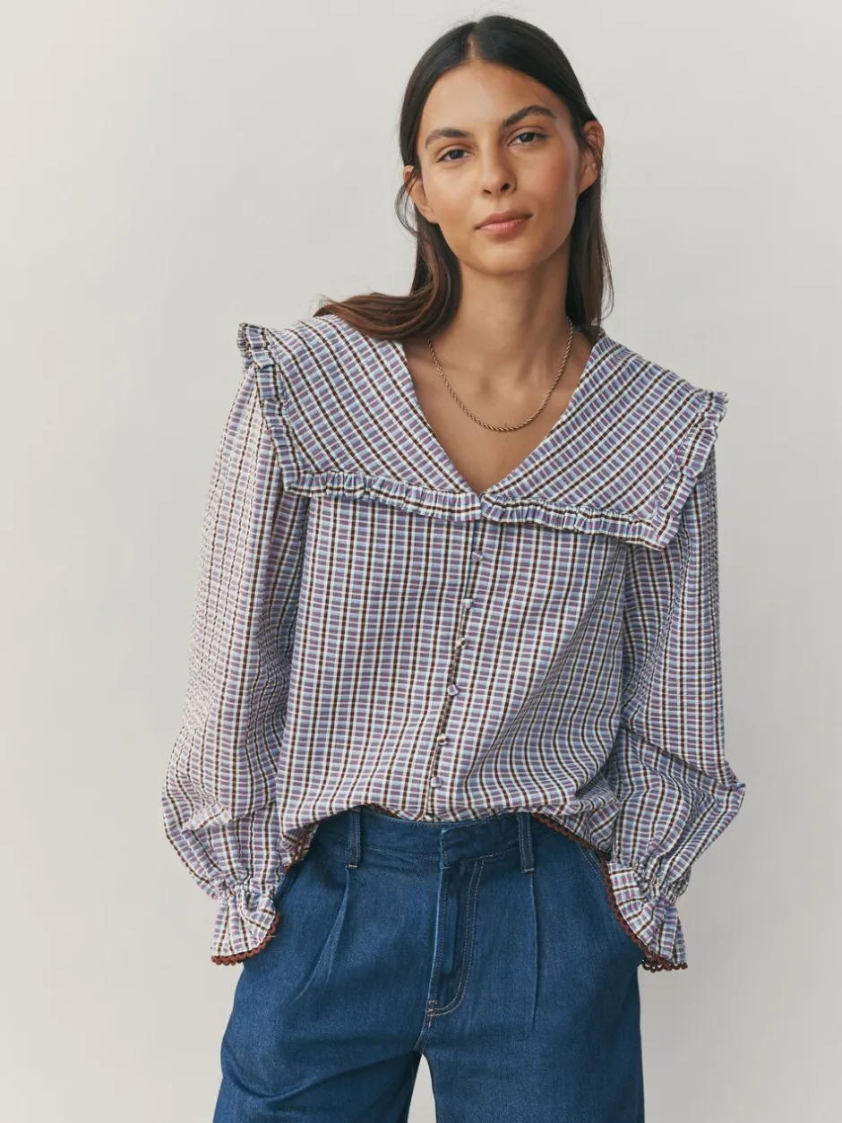 Blouses En Overhemden|Next - Oversized Collar Long Sleeve Blouse Blauw/bruin met ruitmotief