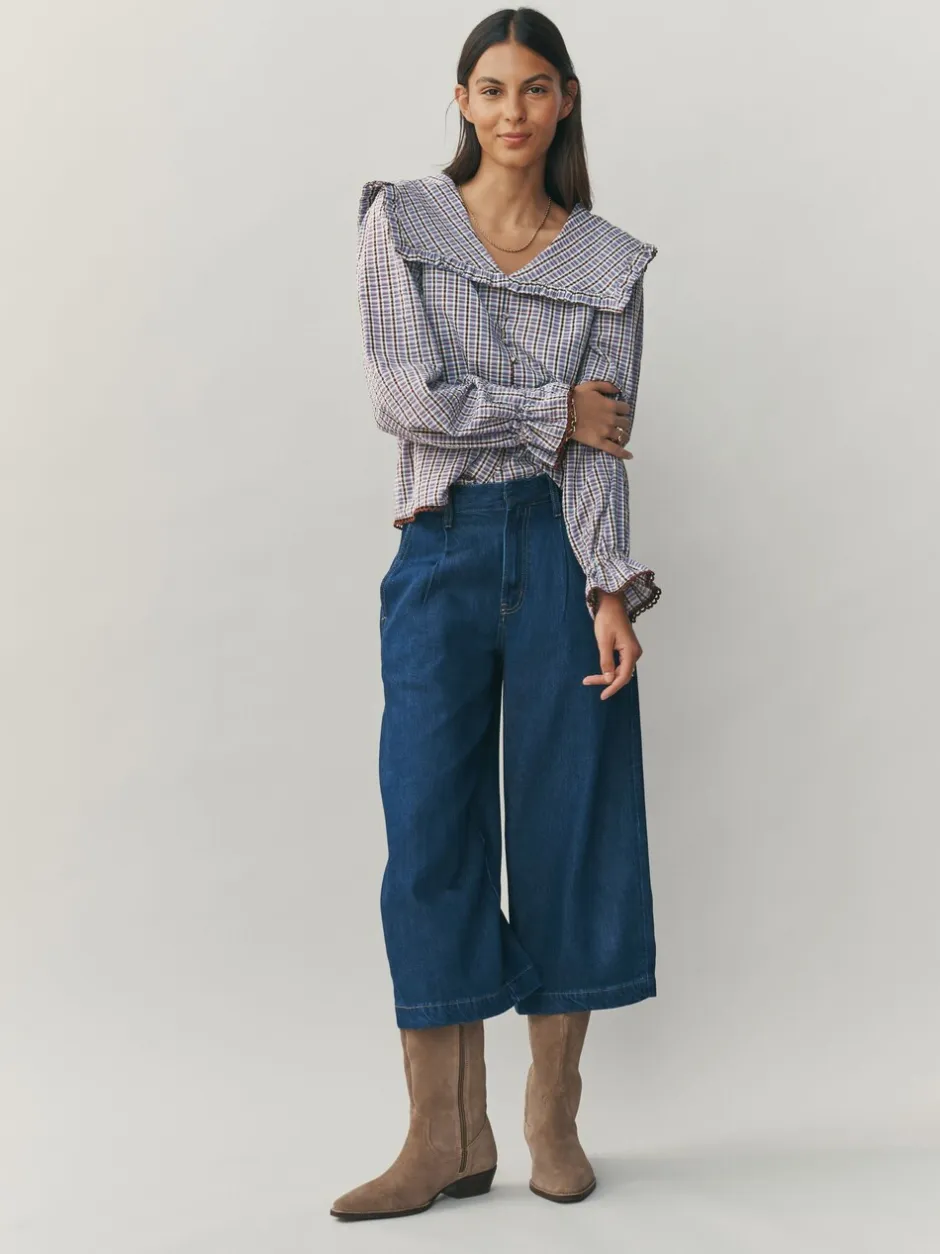 Blouses En Overhemden|Next - Oversized Collar Long Sleeve Blouse Blauw/bruin met ruitmotief