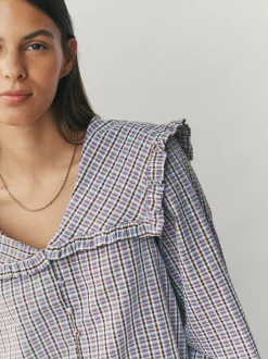 Blouses En Overhemden|Next - Oversized Collar Long Sleeve Blouse Blauw/bruin met ruitmotief