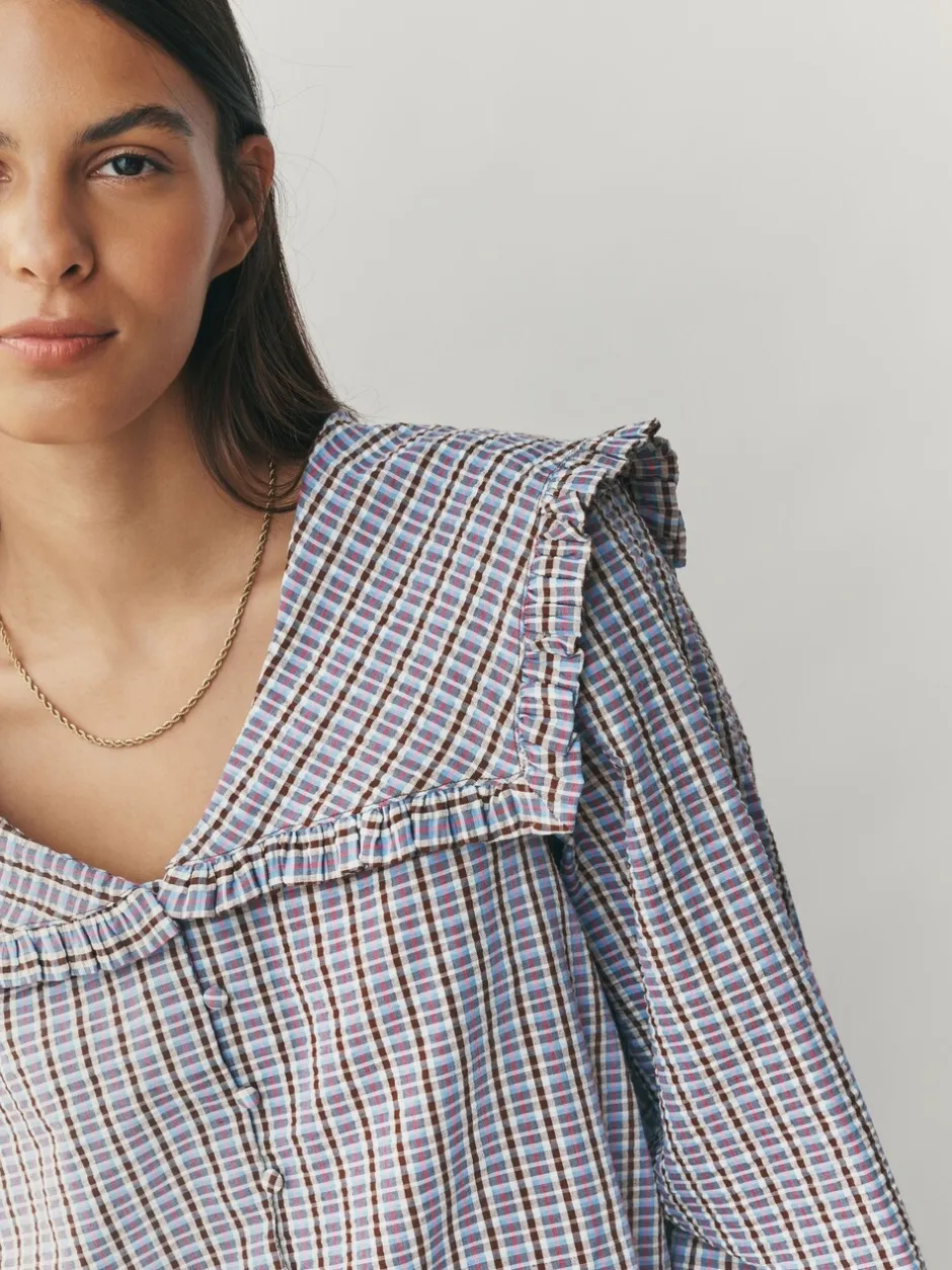 Blouses En Overhemden|Next - Oversized Collar Long Sleeve Blouse Blauw/bruin met ruitmotief
