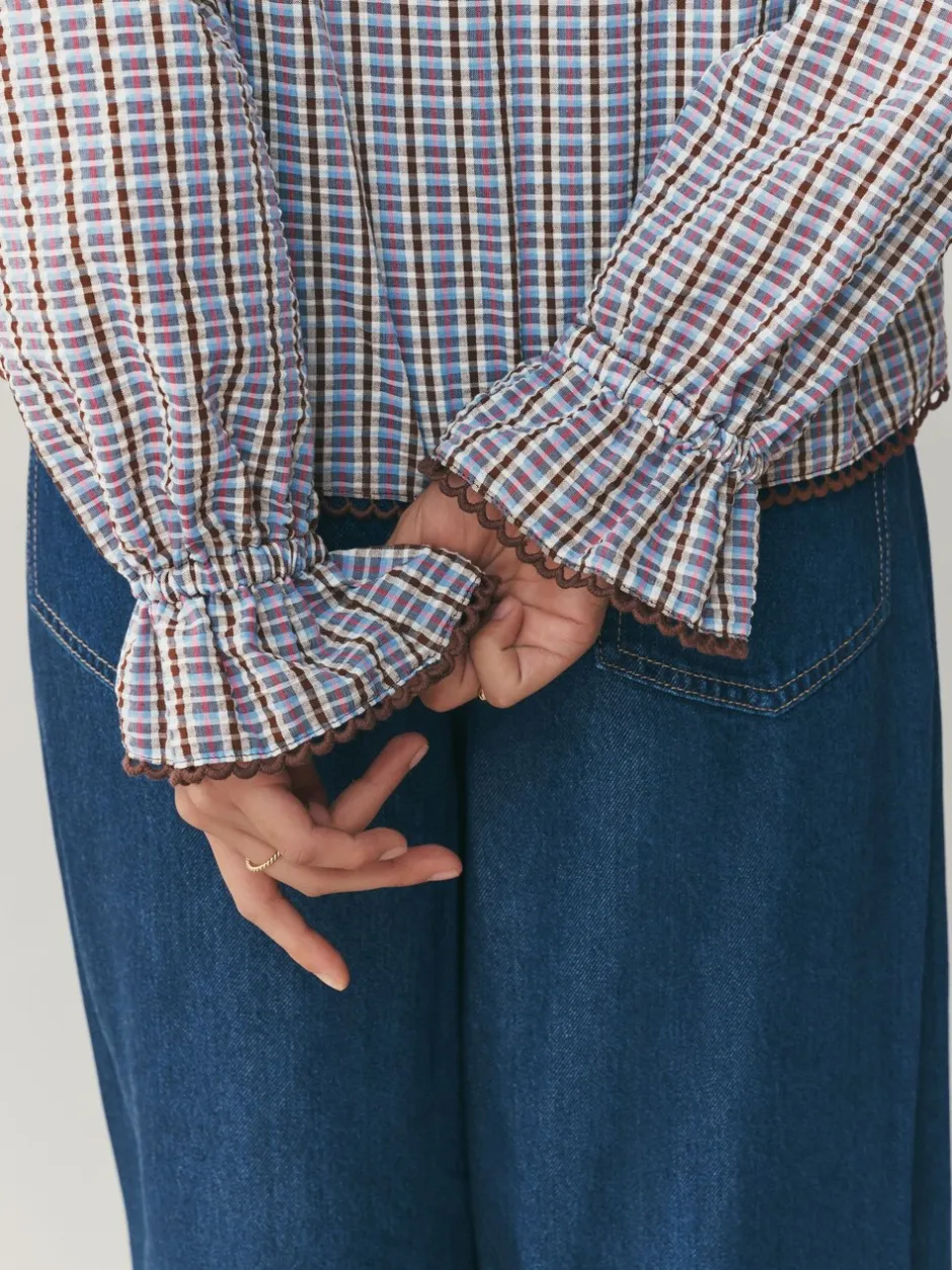 Blouses En Overhemden|Next - Oversized Collar Long Sleeve Blouse Blauw/bruin met ruitmotief