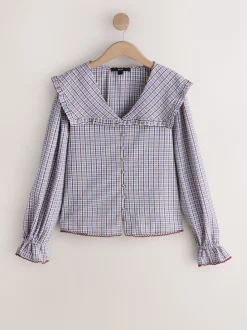 Blouses En Overhemden|Next - Oversized Collar Long Sleeve Blouse Blauw/bruin met ruitmotief