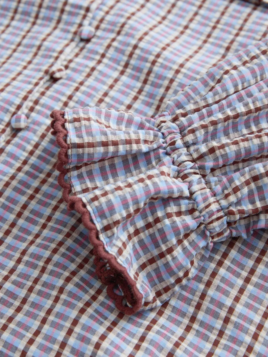 Blouses En Overhemden|Next - Oversized Collar Long Sleeve Blouse Blauw/bruin met ruitmotief