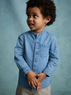 Shirts|Next Blauwe denim - 100% katoenen overhemd met lange mouwen en opa-kraag van denim (3mnd-7jr)