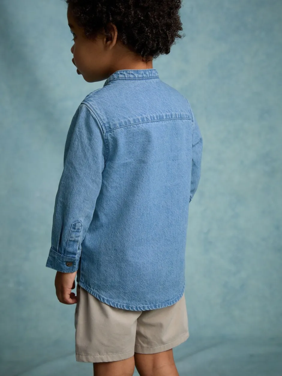 Shirts|Next Blauwe denim - 100% katoenen overhemd met lange mouwen en opa-kraag van denim (3mnd-7jr)