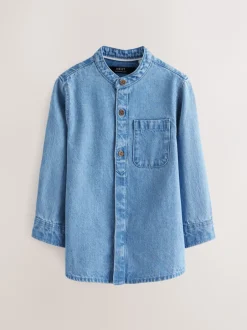 Shirts|Next Blauwe denim - 100% katoenen overhemd met lange mouwen en opa-kraag van denim (3mnd-7jr)