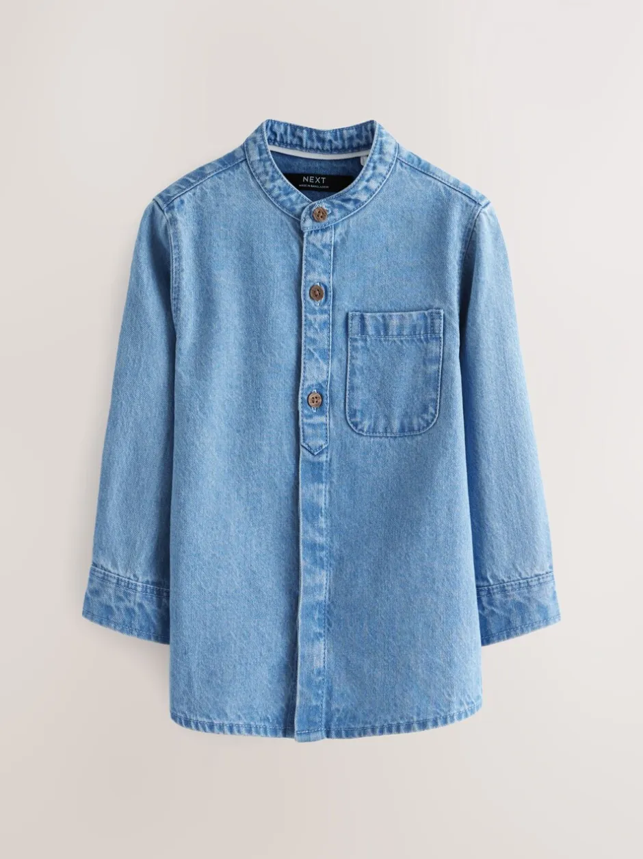 Shirts|Next Blauwe denim - 100% katoenen overhemd met lange mouwen en opa-kraag van denim (3mnd-7jr)