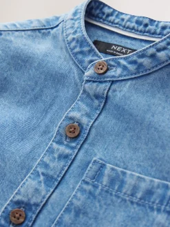 Shirts|Next Blauwe denim - 100% katoenen overhemd met lange mouwen en opa-kraag van denim (3mnd-7jr)