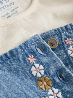 Tuinbroeken|Next Blauwe geborduurde Denim - Babyset van bodysuit met lange mouwen & bretelbroek (0mnd -2jr)