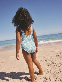 Badkleding|Badkleding|Next - Lettuce Edge Swimsuit (3mths-7yrs) Blauwe gingham-ruit met print