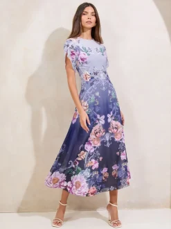 Gelegenheidskleding|Jurken|Lipsy Blauwe print - ombré midi-jurk met bloemenprint, tulpmouwen en fit en flare-model