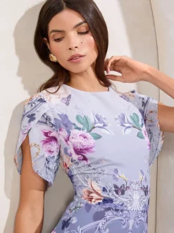 Gelegenheidskleding|Jurken|Lipsy Blauwe print - ombré midi-jurk met bloemenprint, tulpmouwen en fit en flare-model