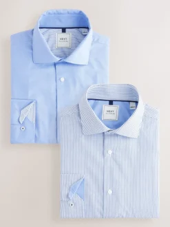 Shirts*Next - Normale Pasvorm - Strijkvrije slimme overhemden met enkele manchet 2 pak Blauwe textuur/streep