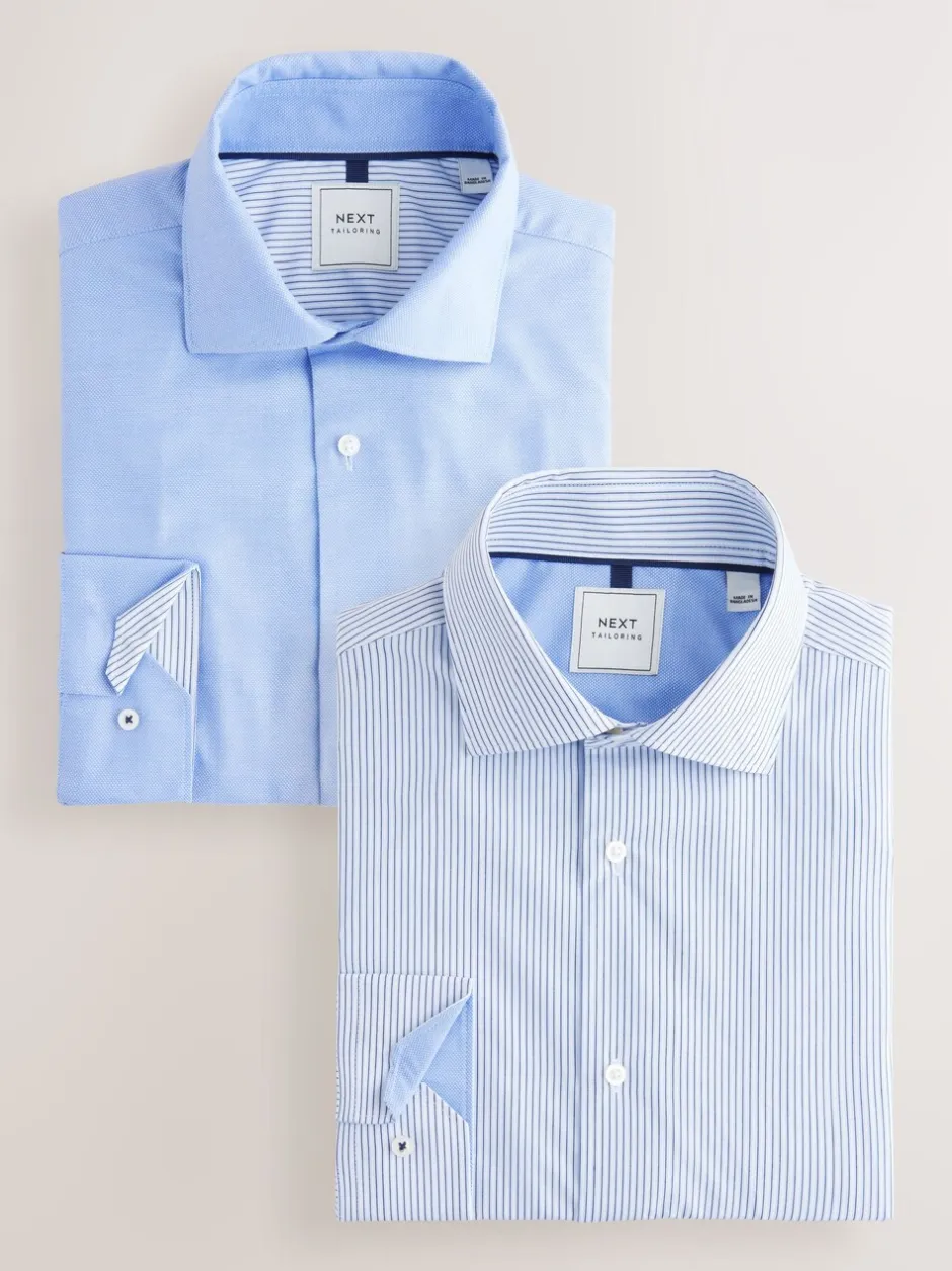 Shirts*Next - Normale Pasvorm - Strijkvrije slimme overhemden met enkele manchet 2 pak Blauwe textuur/streep