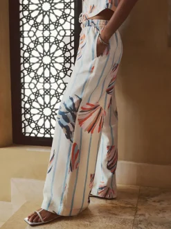 Broeken*Next - Pull On Wide Leg Trousers With Linen Blauw/ecru
