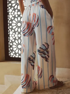 Broeken*Next - Pull On Wide Leg Trousers With Linen Blauw/ecru