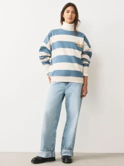 Hoody's En Sweatshirts*Next Blauw/ecru - Striped Graphic 'Colarado' City Longsleeve Crewneck Sweatshirt