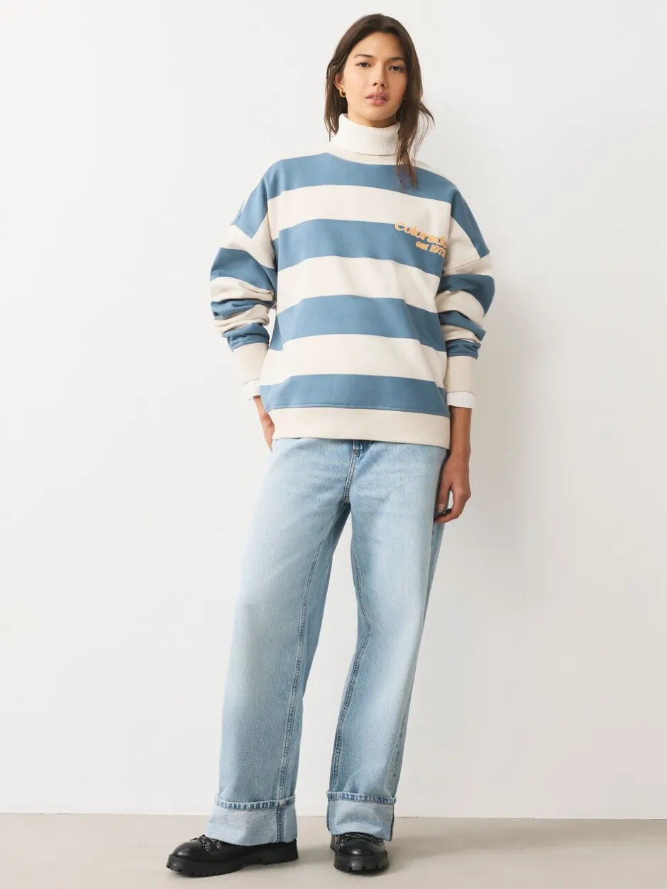 Hoody's En Sweatshirts*Next Blauw/ecru - Striped Graphic 'Colarado' City Longsleeve Crewneck Sweatshirt