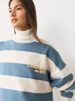Hoody's En Sweatshirts*Next Blauw/ecru - Striped Graphic 'Colarado' City Longsleeve Crewneck Sweatshirt