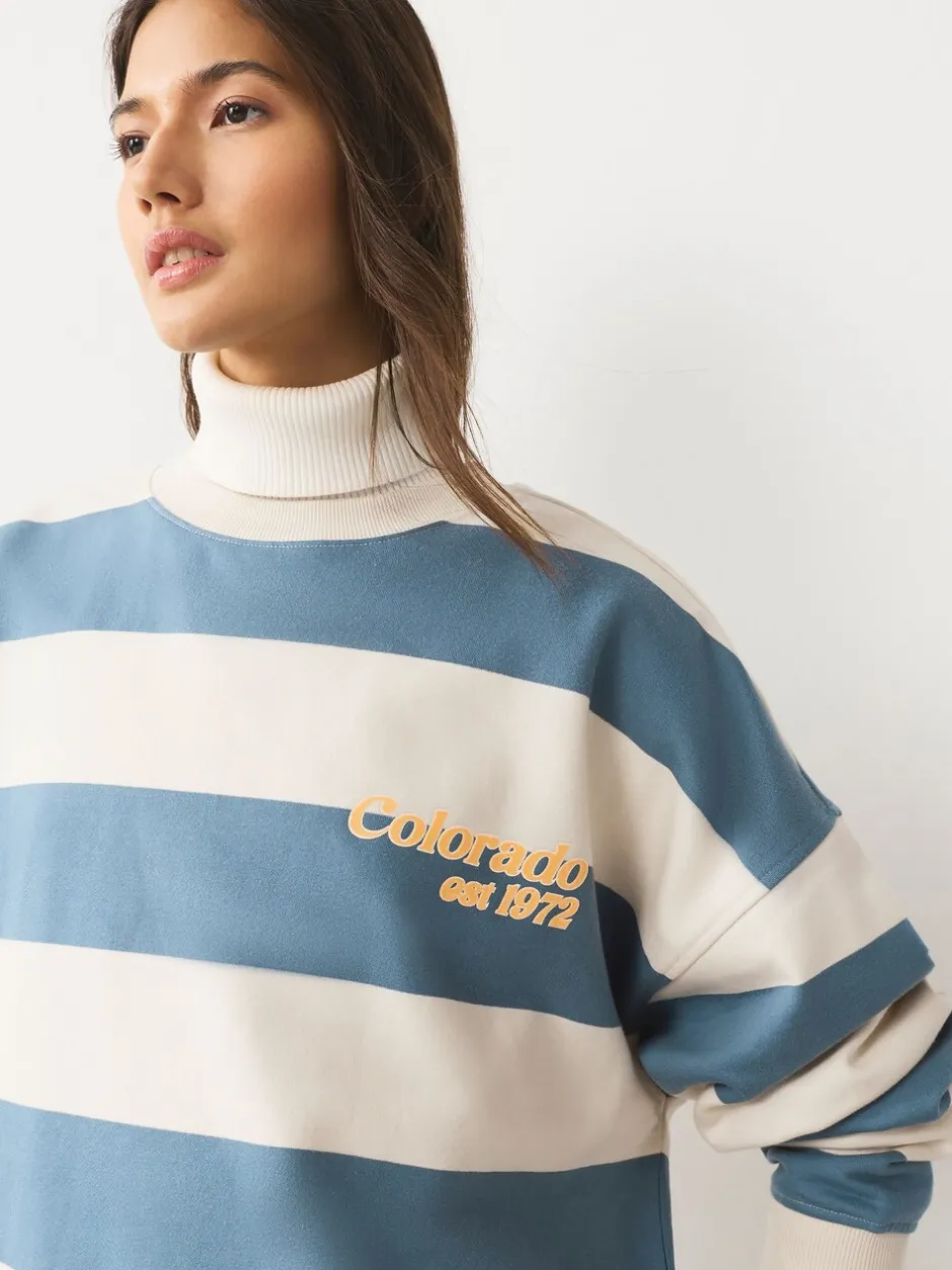 Hoody's En Sweatshirts*Next Blauw/ecru - Striped Graphic 'Colarado' City Longsleeve Crewneck Sweatshirt