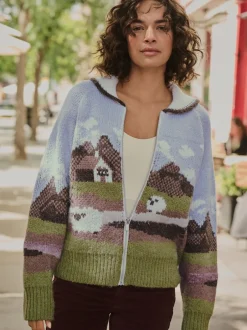 Gebreide Kleding|Next Blauw/Groen - Landscape Scene Zip Cardigan