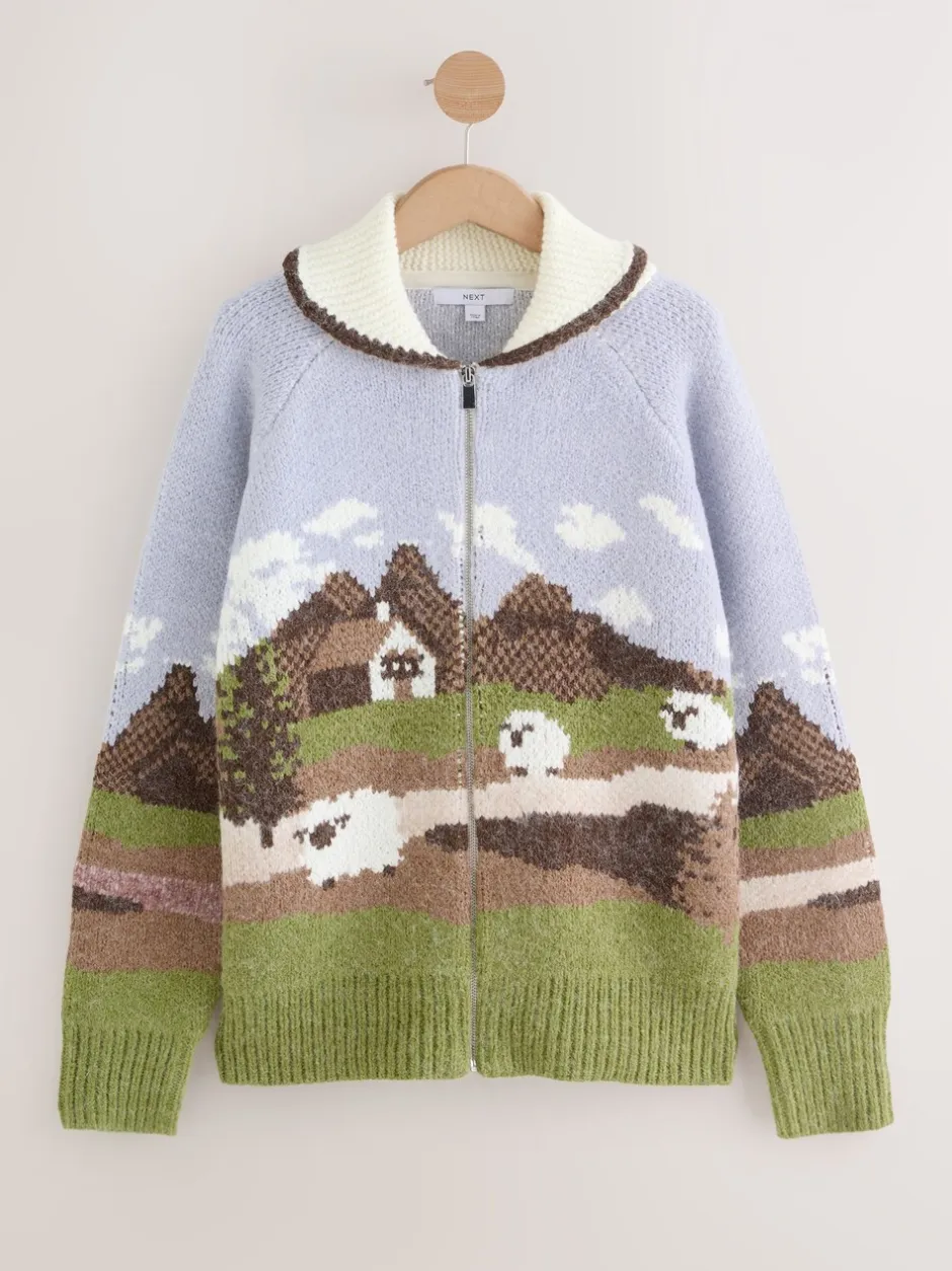 Gebreide Kleding|Next Blauw/Groen - Landscape Scene Zip Cardigan