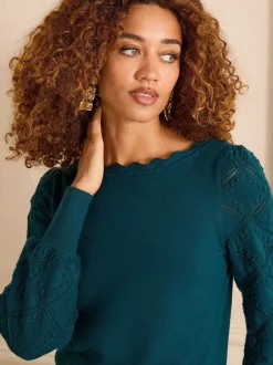 Gebreide Kleding|Love & Roses Blauwgroen - gebreide trui met noppensteek en geschulpte rand