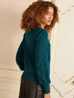 Gebreide Kleding|Love & Roses Blauwgroen - gebreide trui met noppensteek en geschulpte rand