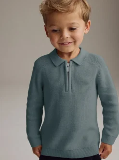 Truien En Breisels|Tops*Next - Poloshirt met lange mouwen en kwartrits (3mnd-7jr) Blauwgroen