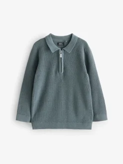 Truien En Breisels|Tops*Next - Poloshirt met lange mouwen en kwartrits (3mnd-7jr) Blauwgroen