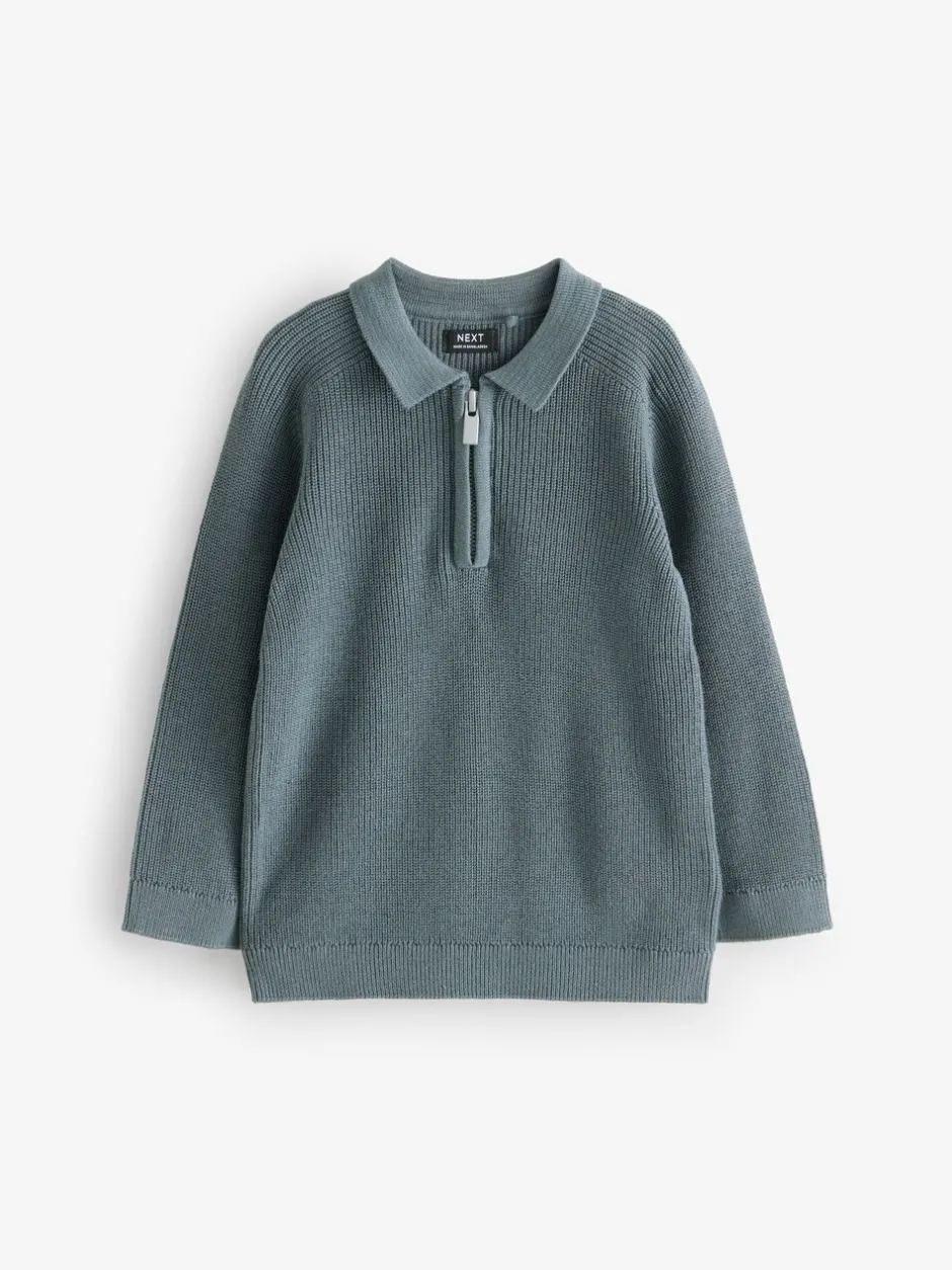 Truien En Breisels|Tops*Next - Poloshirt met lange mouwen en kwartrits (3mnd-7jr) Blauwgroen