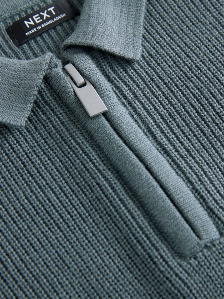 Truien En Breisels|Tops*Next - Poloshirt met lange mouwen en kwartrits (3mnd-7jr) Blauwgroen