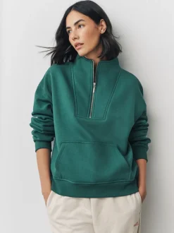 Hoody's En Sweatshirts|Next - Relaxed fit sweatshirt van zware katoenrijke jersey met ritssluiting bij de hals Blauwgroen